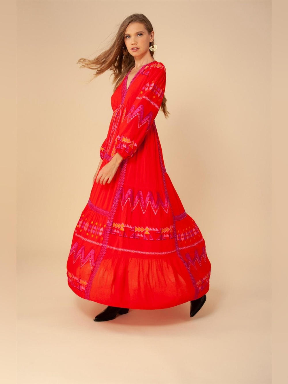 Hale Bob Red Embroidered Maxi Dress